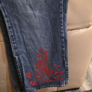 Denim Ankle Jeans with Red Floral Embroidery